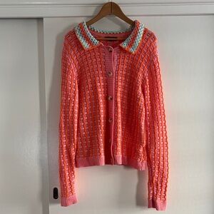 4SI3NNA Coral Pink and Orange Crochet Button-Up Cardigan with Mint Accent Collar